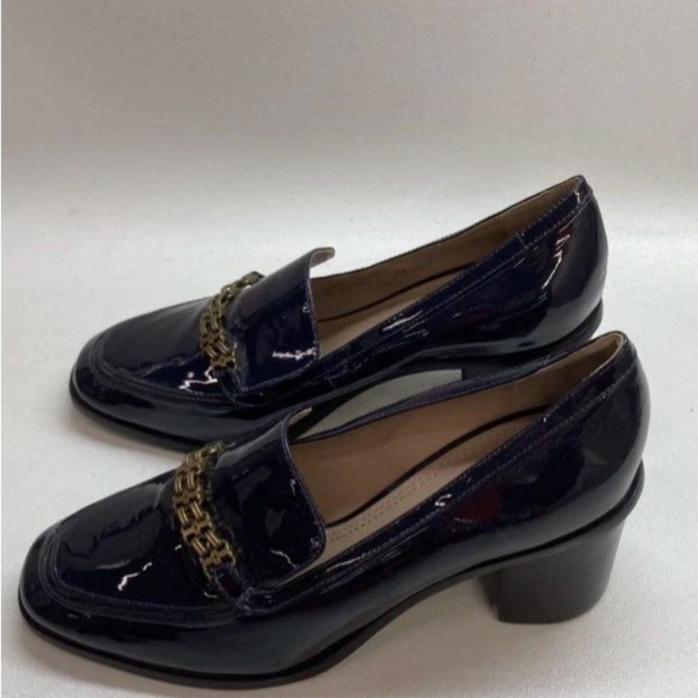 Tory Burch Navy Blue Patent Leather Gemini Link Loafers with Block Heel